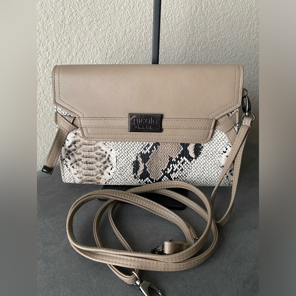 Nicole Miller Tan and Faux Snakeskin Slim Crossbody Bag